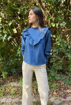Blusa vaquera volante oscura