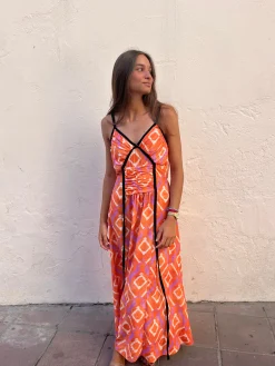 Vestido estampado naranja lazo negro
