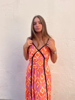 Vestido estampado naranja lazo negro