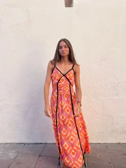 Vestido estampado naranja lazo negro