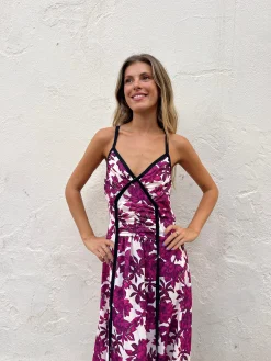 Vestido largo estampado buganvilla lazo negro