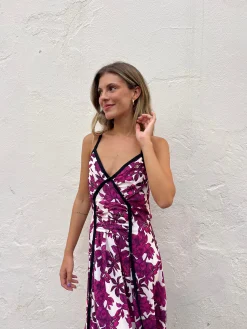 Vestido largo estampado buganvilla lazo negro