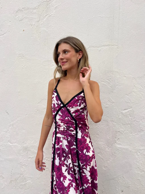 Vestido largo estampado buganvilla lazo negro