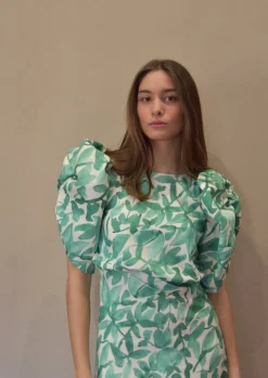 Vestido manga abullonada flores verdes