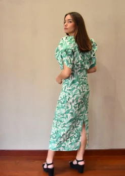 Vestido manga abullonada flores verdes