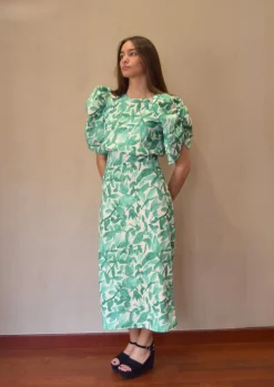 Vestido manga abullonada flores verdes