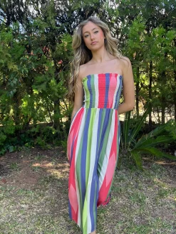 Vestido palabra de honor rayas rombo